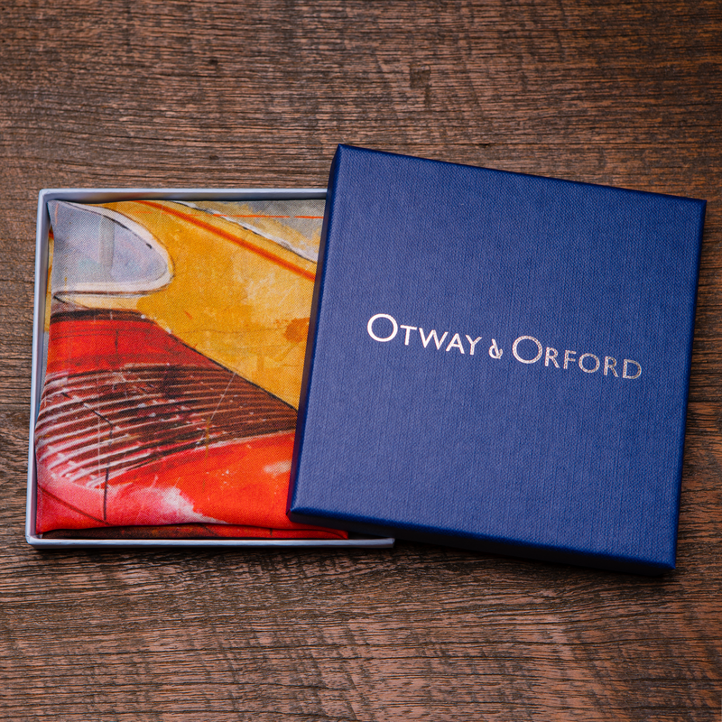 Classic German sports cars inspired silk pocket square in red, yellow and blue by Otway & Orford in gift box
