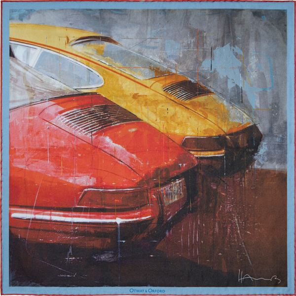 Classic German sports car inspired silk pocket square in red, yellow and blue by Otway & Orford