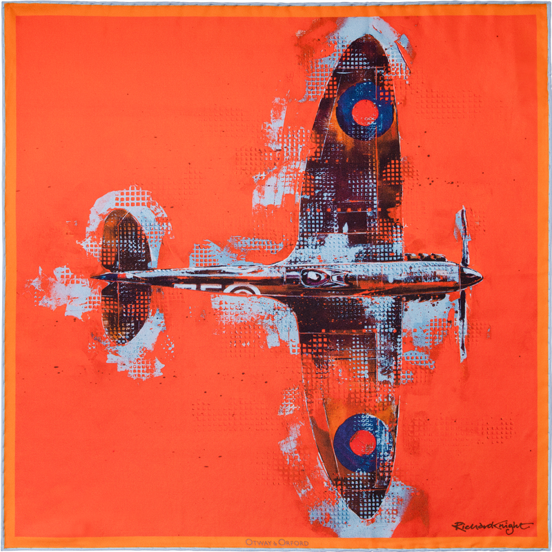 Spitfire silk pocket square in orange by Otway & Orford