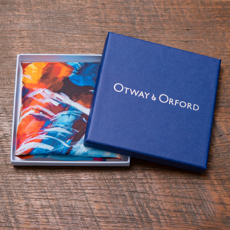 Cycling silk pocket square in blue and pink by Otway & Orford in gift box