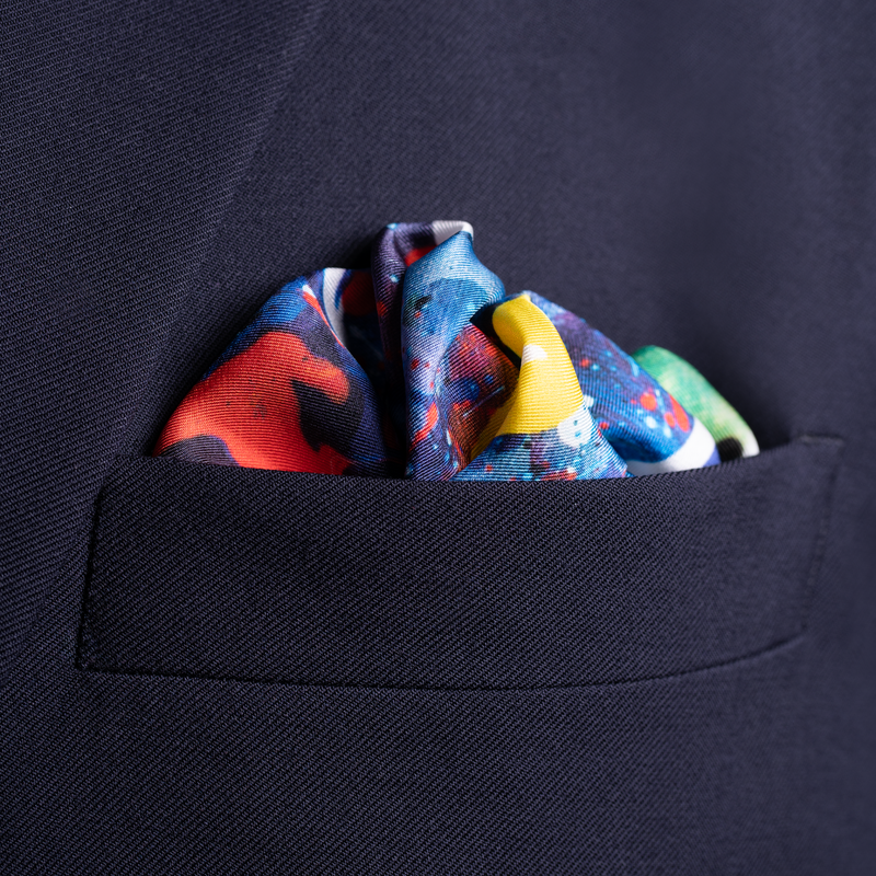 Football silk pocket square in blue and red by Otway & Orford folded