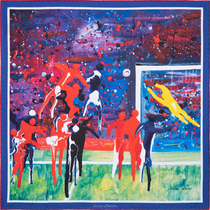 Football silk pocket square in blue and red by Otway & Orford