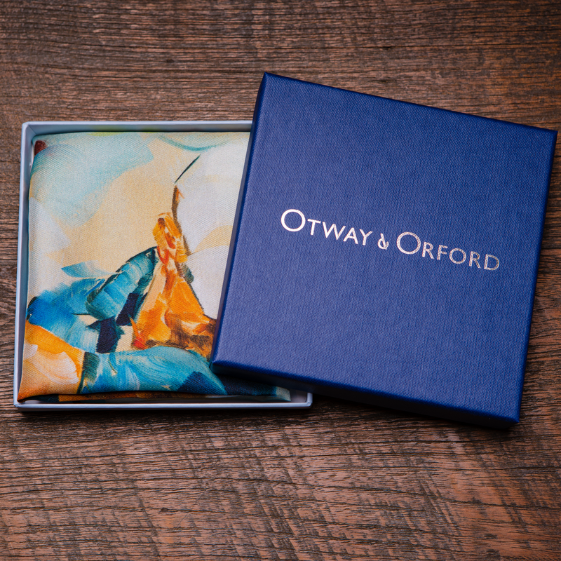 Golf silk pocket square in blue and green by Otway & Orford in gift box