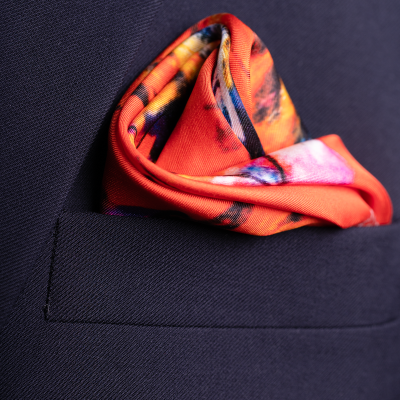 Polo silk pocket square in red by Otway & Orford folded 1
