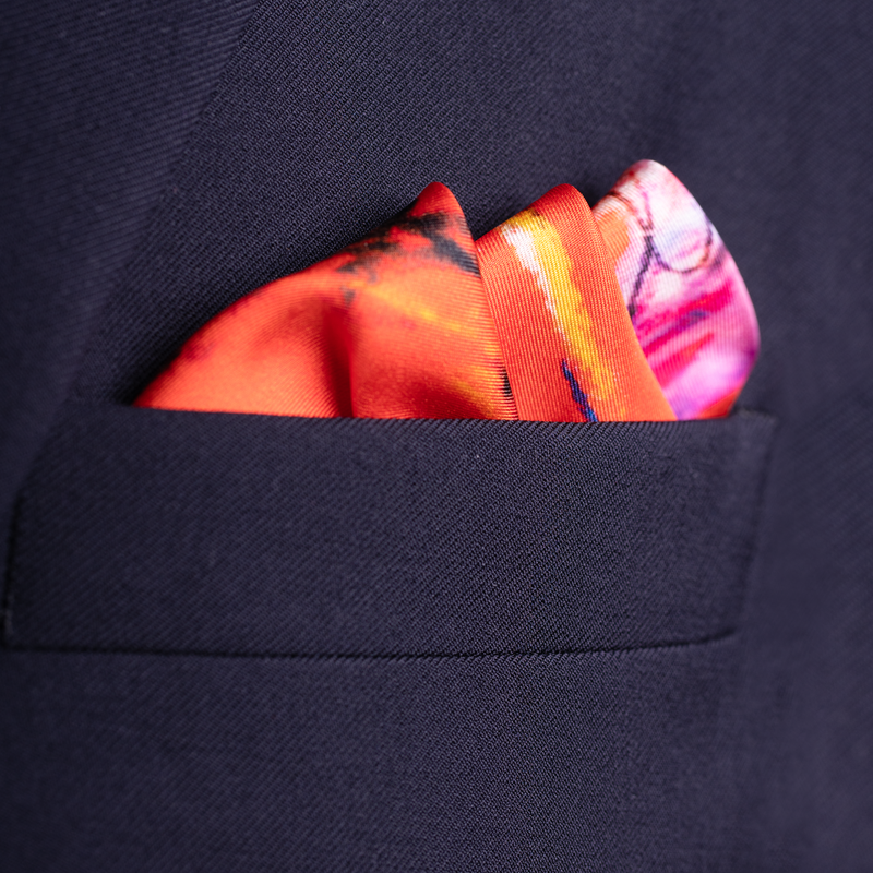Polo silk pocket square in red by Otway & Orford folded 2