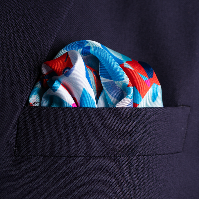 Red Arrows inspired silk pocket square in red and blue by Otway & Orford folded