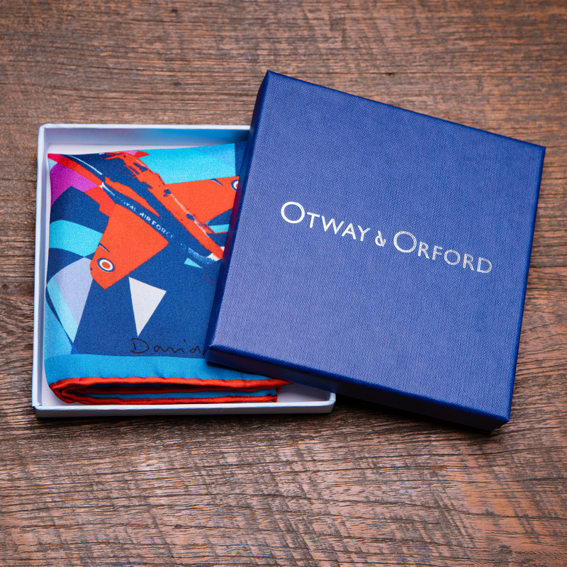 Red Arrows inspired silk pocket square in red and blue by Otway & Orford in gift box