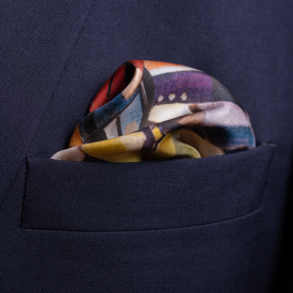 Rugby silk pocket square in red, green and blue by Otway & Orford folded 1