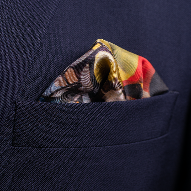 Rugby silk pocket square in red, green and blue by Otway & Orford folded 2