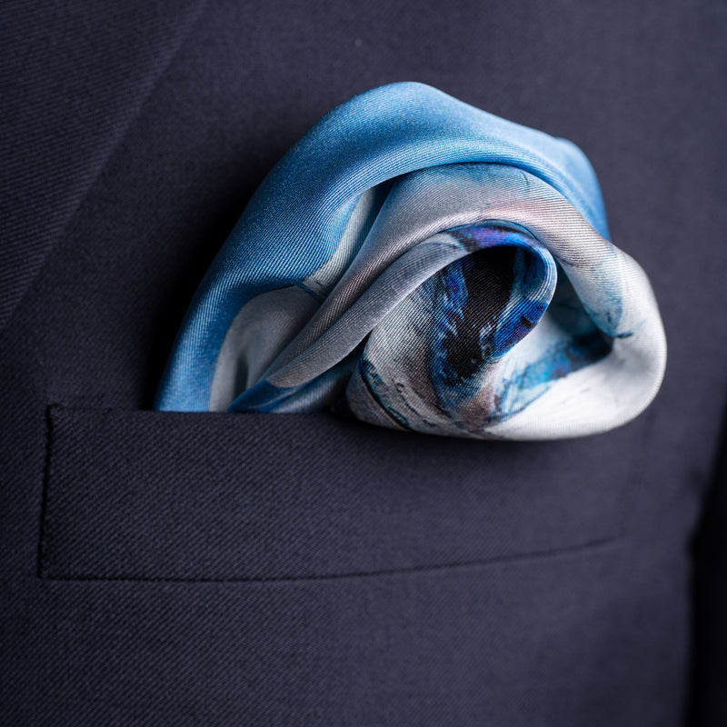 Sailing silk pocket square in blue by Otway & Orford folded 1