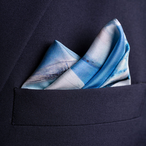 Sailing silk pocket square in blue by Otway & Orford with points fold