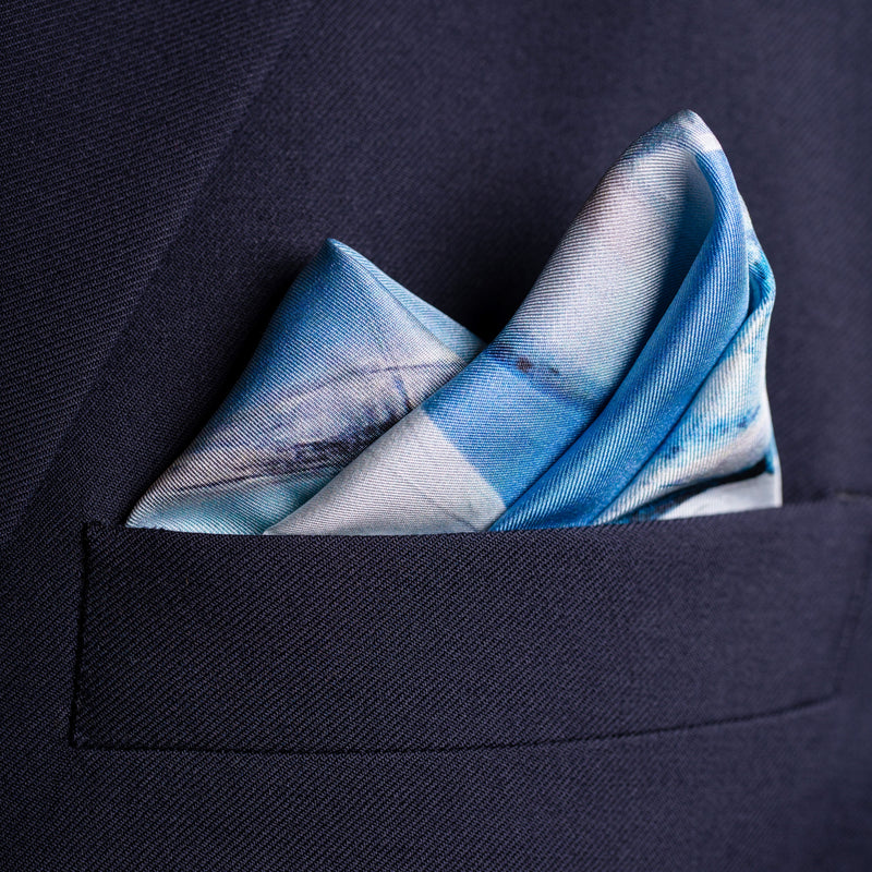 Sailing silk pocket square in blue by Otway & Orford with points fold