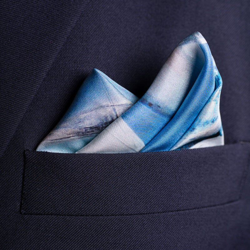 Sailing silk pocket square in blue by Otway & Orford folded 2