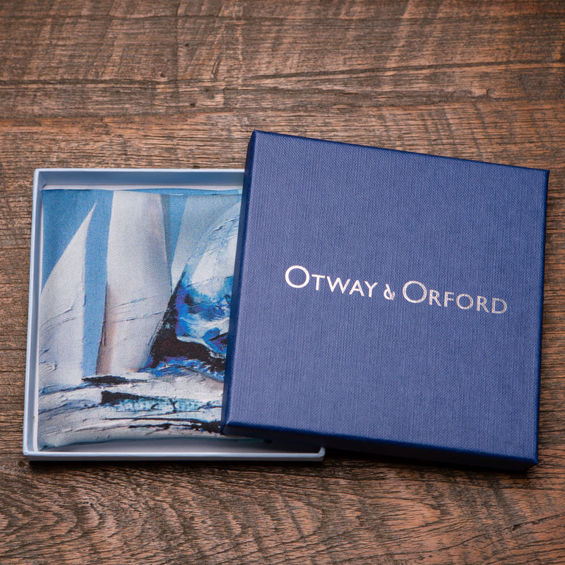 Sailing silk pocket square in blue by Otway & Orford in gift box